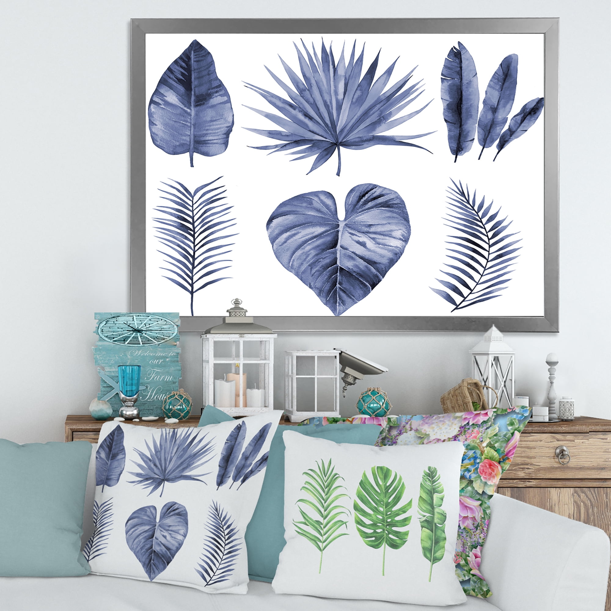 Designart 'Blue Watercolour Tropical Leaves IV' Traditional Framed Art Print