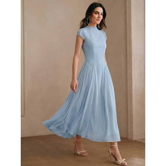 Womens Blue Elegant High Neck Cap Sleeve A-Line Floor-Length Pleated Maxi