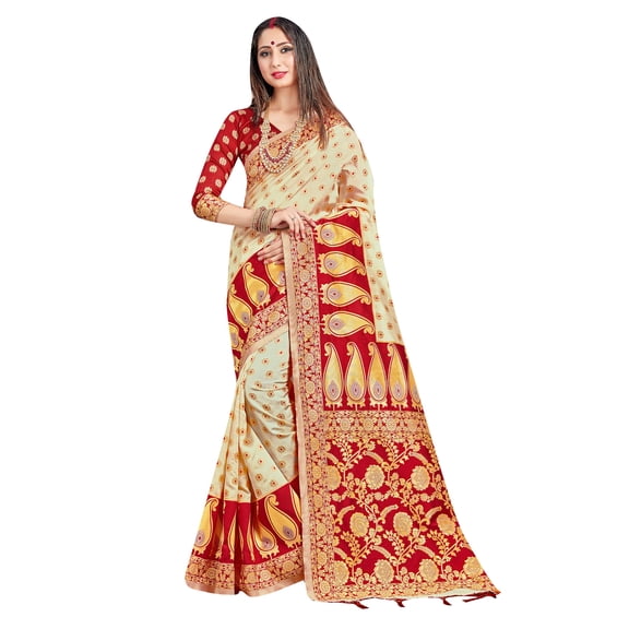 Sarees for Women Banarasi Art Silk Woven Saree - Durja Puja Festival Indian Ethnic Sari with Unstitched Blouse