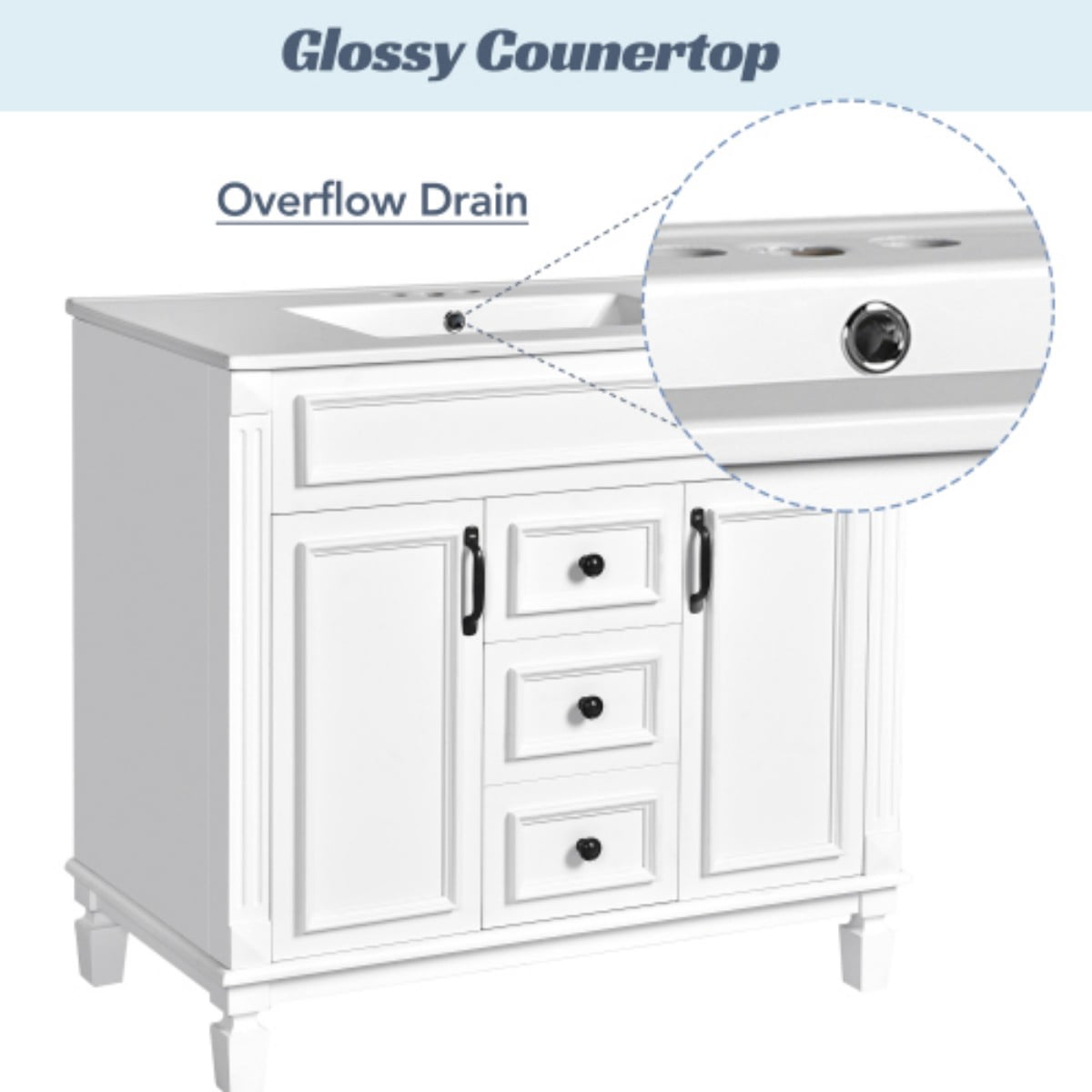 36" Bathroom Vanity with Sink, Modern Freestanding Bathroom Vanity Cabinet with Ceramic Basin, Solid Wood Frame, 2 Soft Close Doors, 2 Drawers, Adjustable Shelf, White