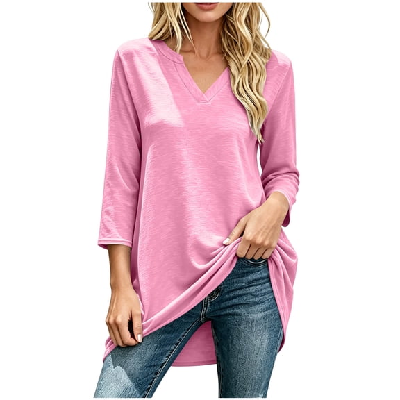 hoksml Women's 3/4-Sleeve Tunic Tops, V Neck Notch Neck Casual Blouses, Loose Fit Longline Shirts with Side Slits for Daily Office Wear