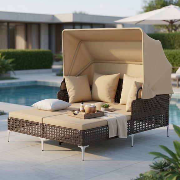 Spaco Single Outdoor Patio Daybed, PE Wicker Rattan Lounger with Retractable Sun Canopy, Brown