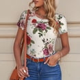 thumbnail image 6 of KLL Women 's Crew Neck Bodysuit Jumpsuits Rose Flowers Print Short onesies Stretch T Shirts, 6 of 7