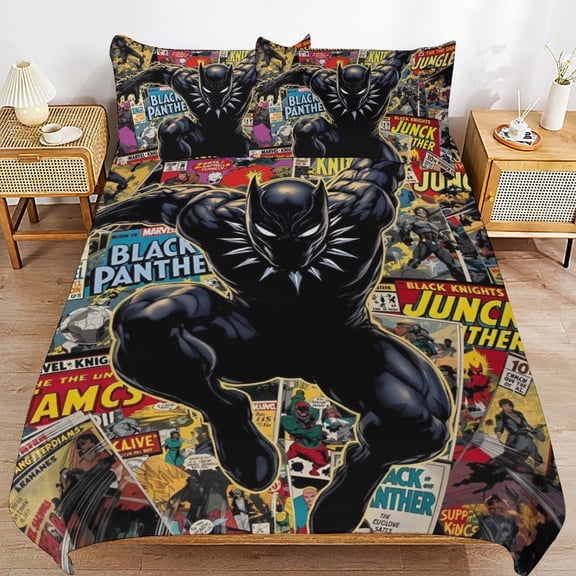 3-Piece Bed Duvet Cover with 2 Pillowcases Black Panther Bedding Set Funny Comforter Sets 79"x90"