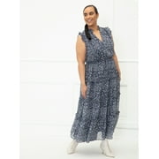 ELOQUII Elements Women's Plus Size Sleeveless Dandelion Print Ruffle Trim Dress