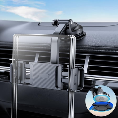 Tablet Holder for Car Dashboard, Windshield Mount Holder for iPad & Foldable Phone Stand with Stable 360° Adjustable Clamp Car Gadgets & Accessories for iPad Air Pro Mini All 6”-11” Devices