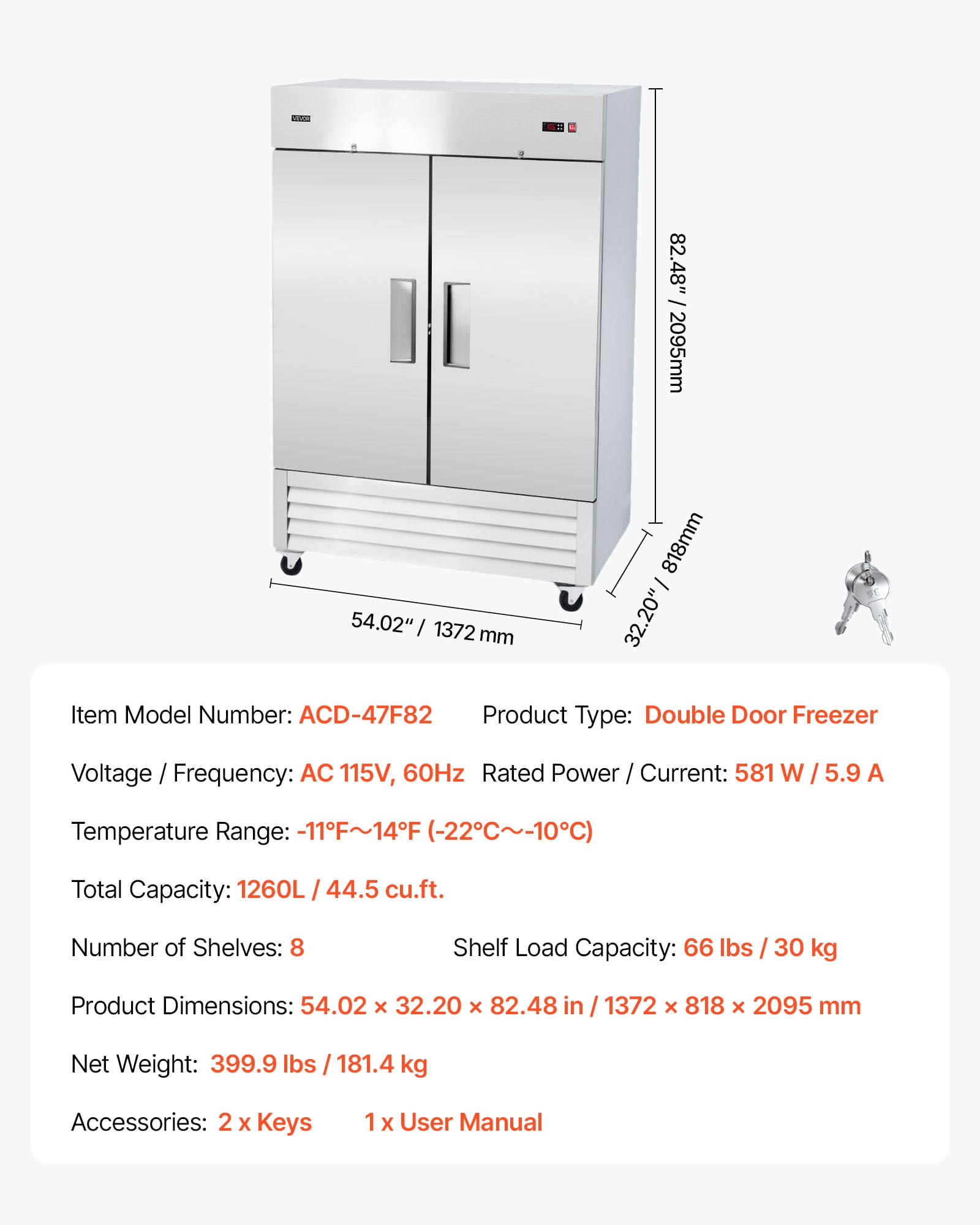 VEVOR Commercial Reach-In Freezer 54" W, 44 Cu.Ft Stainless Steel Upright Freezer with Double Doors, Auto-Defrost, 8 Adjustable Shelves, -11 to 14℉ Temp Control, ETL Certified