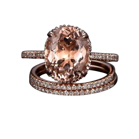 ArtDeco 2 carat Real Morganite and Moissanite Trio Ring Set Sterling Silver with 18k Gold Plating