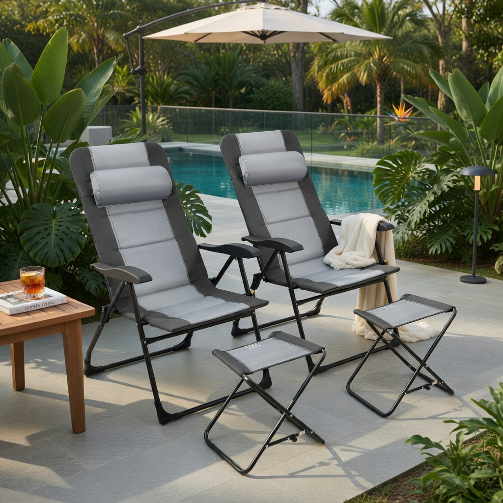 Hommoo Patiojoy 2-Piece Folding Patio Dining Chair Set with Matching Ottomans, Adjustable Reclining Steel Frame, Breathable Oxford Fabric, Outdoor Seating for Deck, Poolside & Lawn, Gray