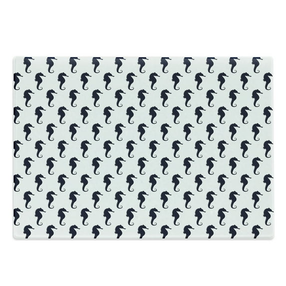 Geometric Cutting Board, Seahorse Silhouette Pattern Sea Creatures Theme Monochrome Aquatic Animals, Decorative Tempered Glass Cutting and Serving Board, Large Size, Dark Blue White, by Ambesonne