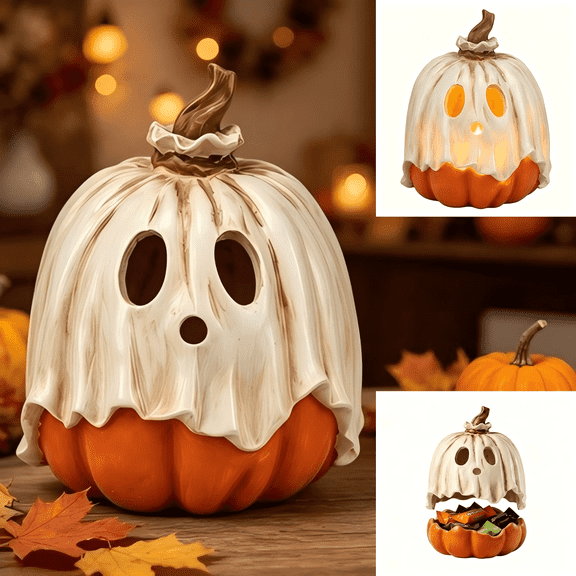 Halloween Ghost Candy Bowl Pumpkin Jack O' Lantern, 7.8 Inch Resin Spooky Tabletop Statue Decor Figurine Pumpkin Candy Bowl, Outdoor Halloween Decorations for Front Porch, Trick or Treat Candy Bowl