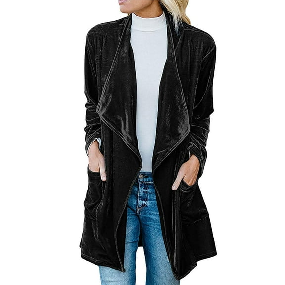 Women's Solid Long Sleeve Velvet Jacket Open Front Cardigan Coat with Pockets Outerwear Black L