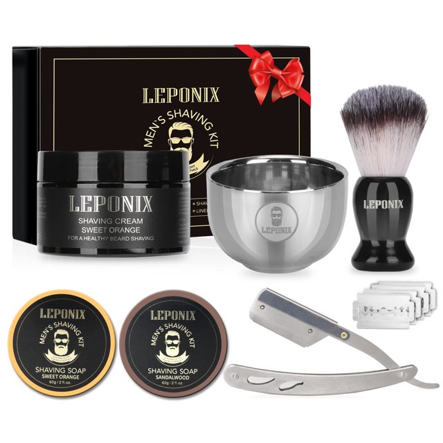 Kit de afeitado LEPONIX Straight Razor con jabón y crema de afeitar