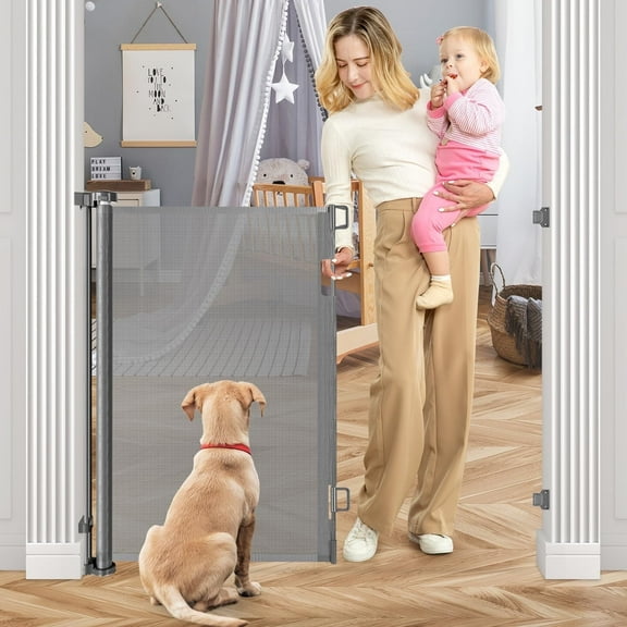 Retractable Baby Gate, HDJ 42in Extra Tall Baby Safety Gate, 71" Wide Baby Gate Dog Gate for Stair, Doorway,Metal Auto-Lock,Gray
