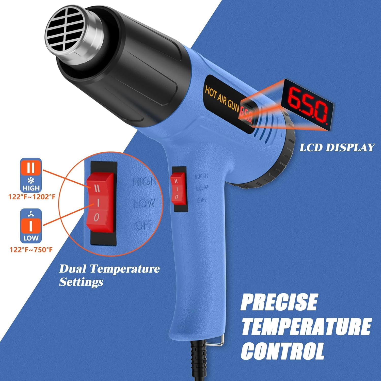 Digital heat gun, 110 adjustable heat gun equipped with 4 nozzles, side display, rear rotating temperature control, 50-650°C (122-1202℉), overcurrent protection, 4.9 feet cable portable heat gun, sui