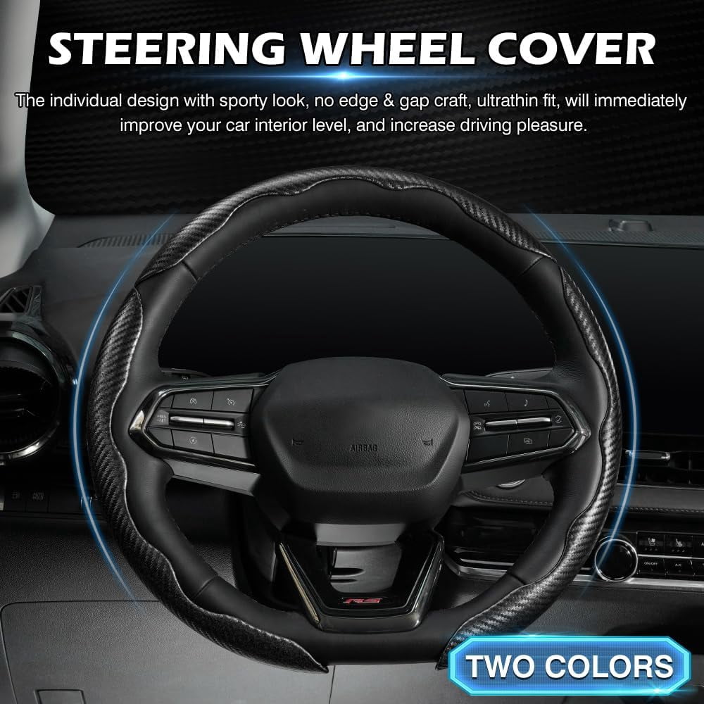 Canvcle 3 Piece Carbon Fiber Steering Wheel Cover, Car Steering Wheel Cover for Men/Women, Anti-Slip, Comfortable Grip, Durable, Universal for 99% Car Interior Accessories (Black)