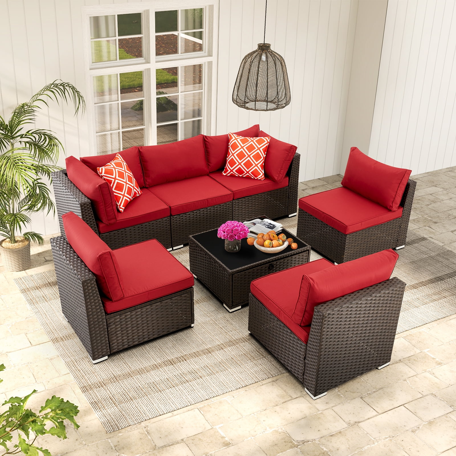Homrest 7 Pieces Outdoor Sectional Sofa, Wicker Conversation Sets, Steel Frame, Red