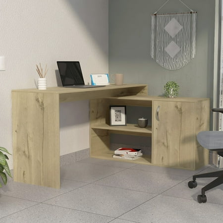 UPC: 0810113083254 | Boahaus Linyi L-Shaped Computer Desk  Oak  2-Shelves  One Cabinet  for Adults