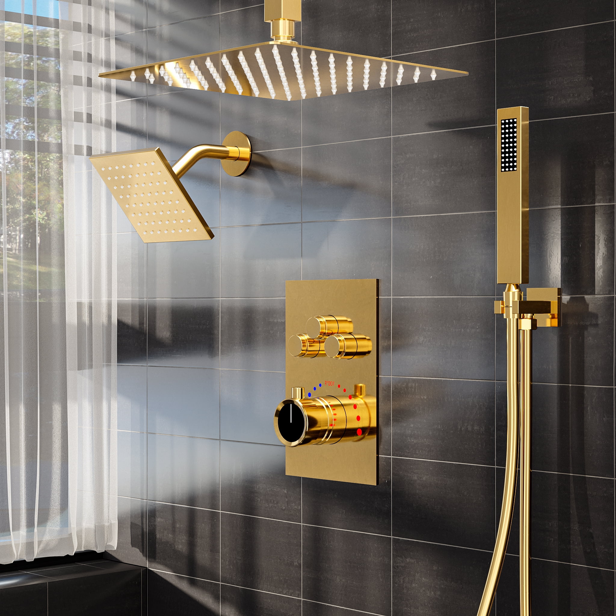 Dual Shower Heads Rainfall Shower Faucet Set Ceiling Mounted Luxury 12