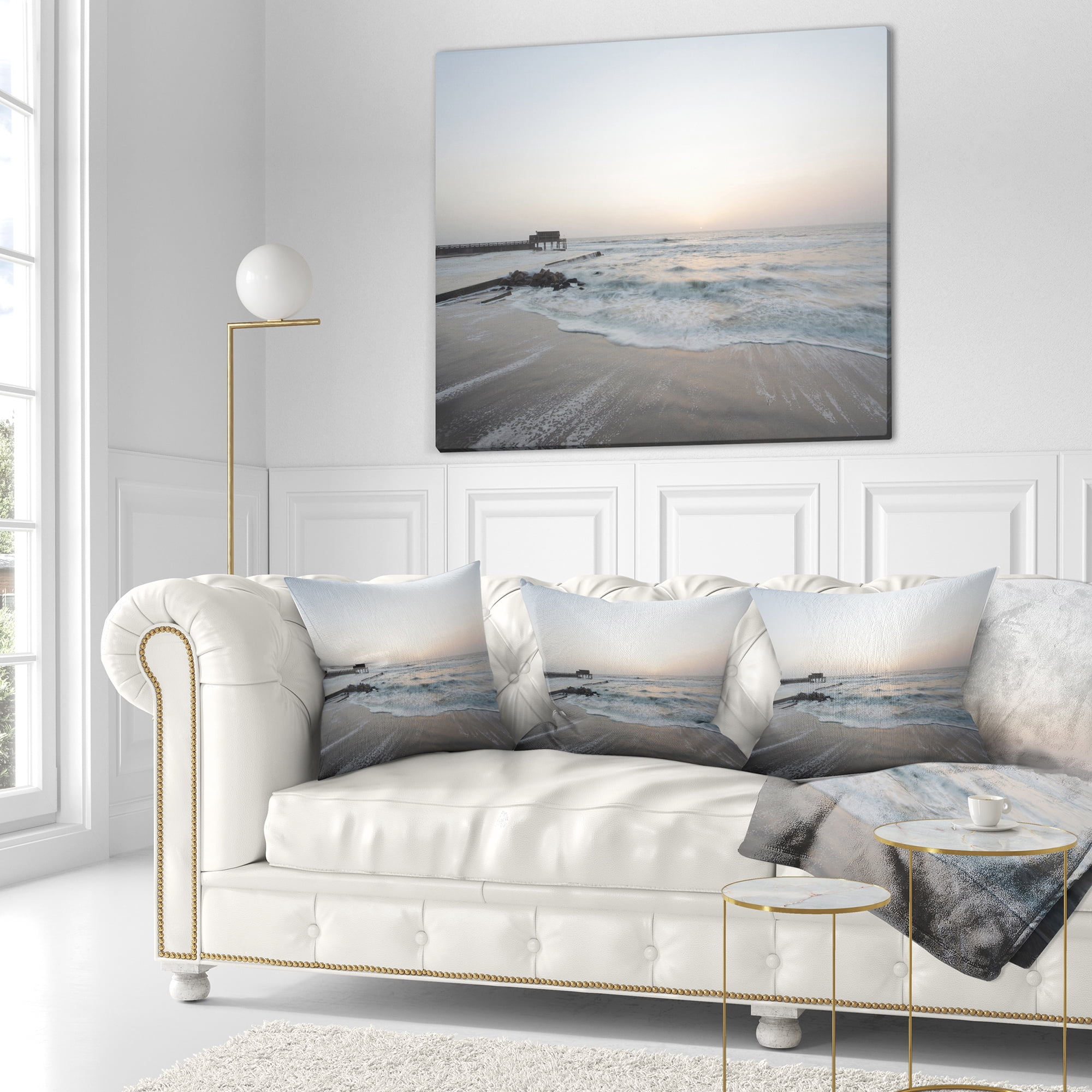 Designart Serene Blue Beach with White Sun - Modern Beach Throw Pillow - 16x16