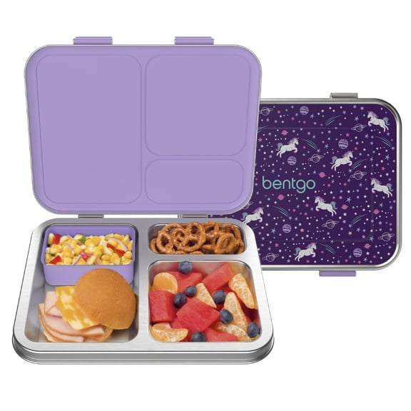 Bentgo Kids Stainless Steel Prints Leak-Resistant Lunch Box - 3-Compartments with Bonus Silicone Container, Durable, Eco-Friendly, Dishwasher Safe, BPA-Free, Ideal for School, Ages 3 (Unicorn)