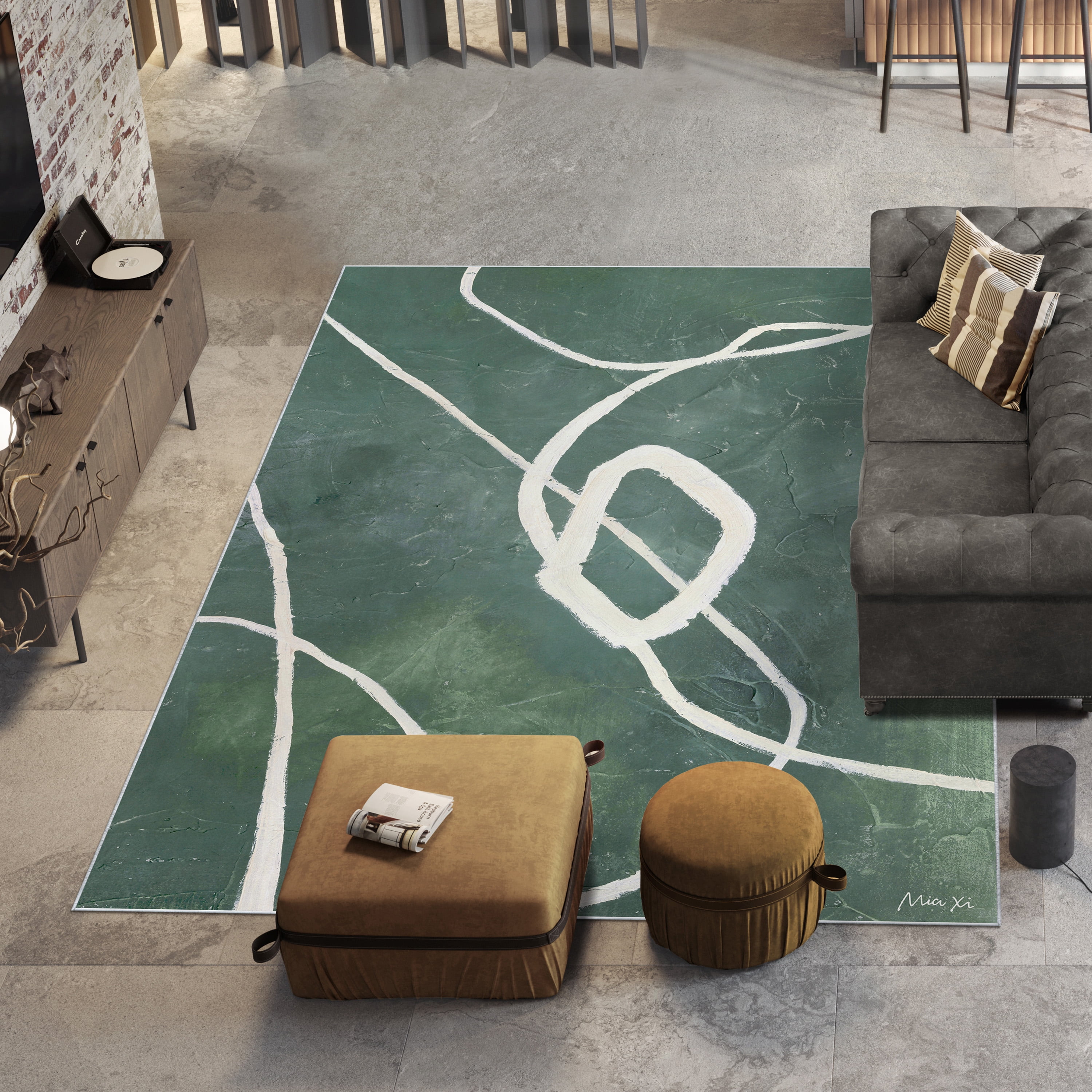 Green Grafica Washable Abstract Art Area Rug size 8'x10', Power-loomed, Heavenly Softness with Non-Slipping Backing
