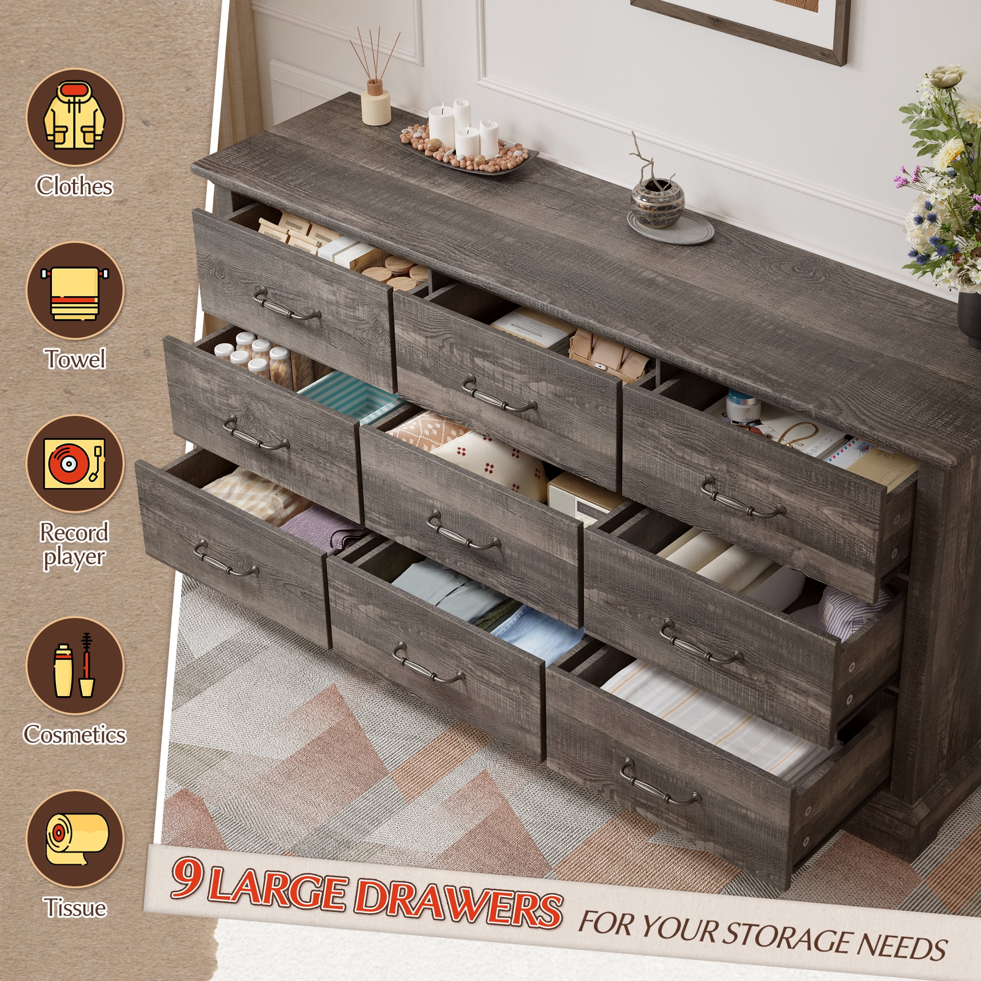 EnHomee 9 Drawer Dresser Wood Dresser for Bedroom Dressers&Chest of Drawers 63" Long Dresser TV Stand,Dark Rustic Oak