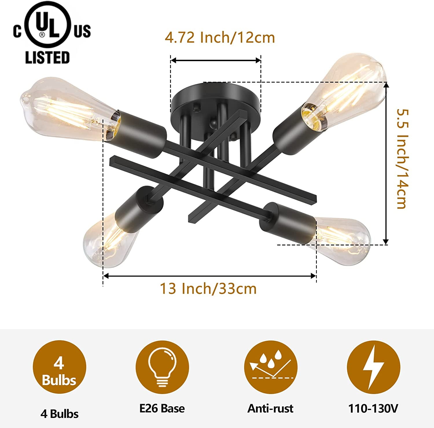 4-Light Semi Flush Mount Light Fixtures Farmhouse Black Light Fixtures Ceiling Mount Close to Ceiling Lighting Chandelier for Kitchen