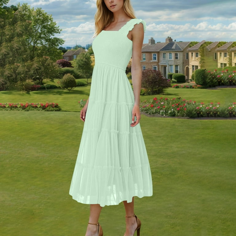 mint green beach dress Mint Green Color Dress | Asymmetric Layer | Ruffle Maxi Dress
