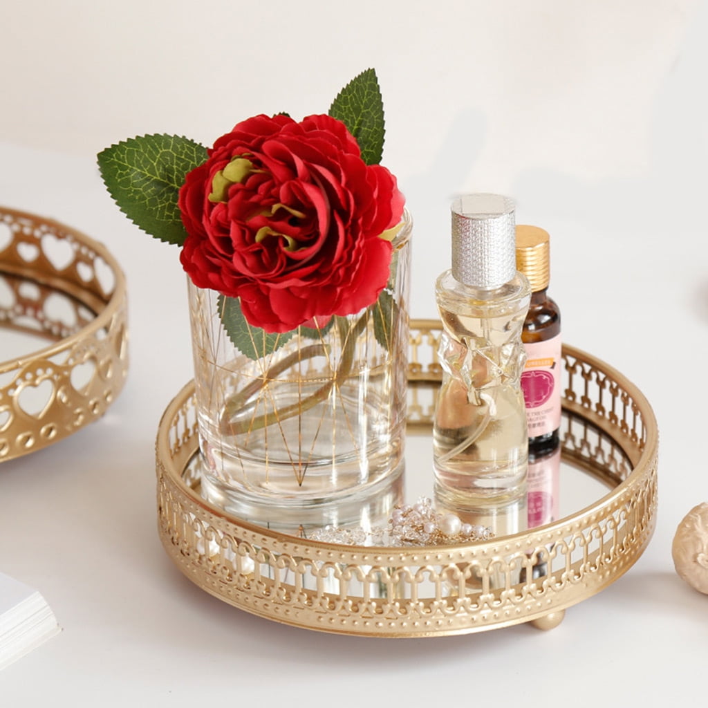 COBBEKO Nordic Luxury Metal Mirror Tray Round Candle Plate Desktop Jewelry Storage Organizer for Coffee Table Dresser Bathroom