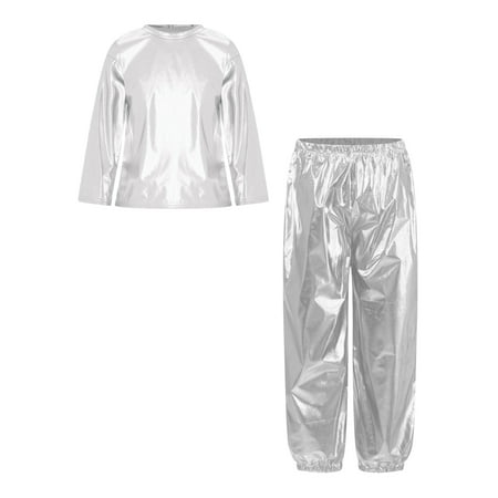 TiaoBug Boys Girls Modern Hip Hop Jazz Dance Outfit Shiny Metallic Long Sleeve T-Shirt with Pants Set Silver 120