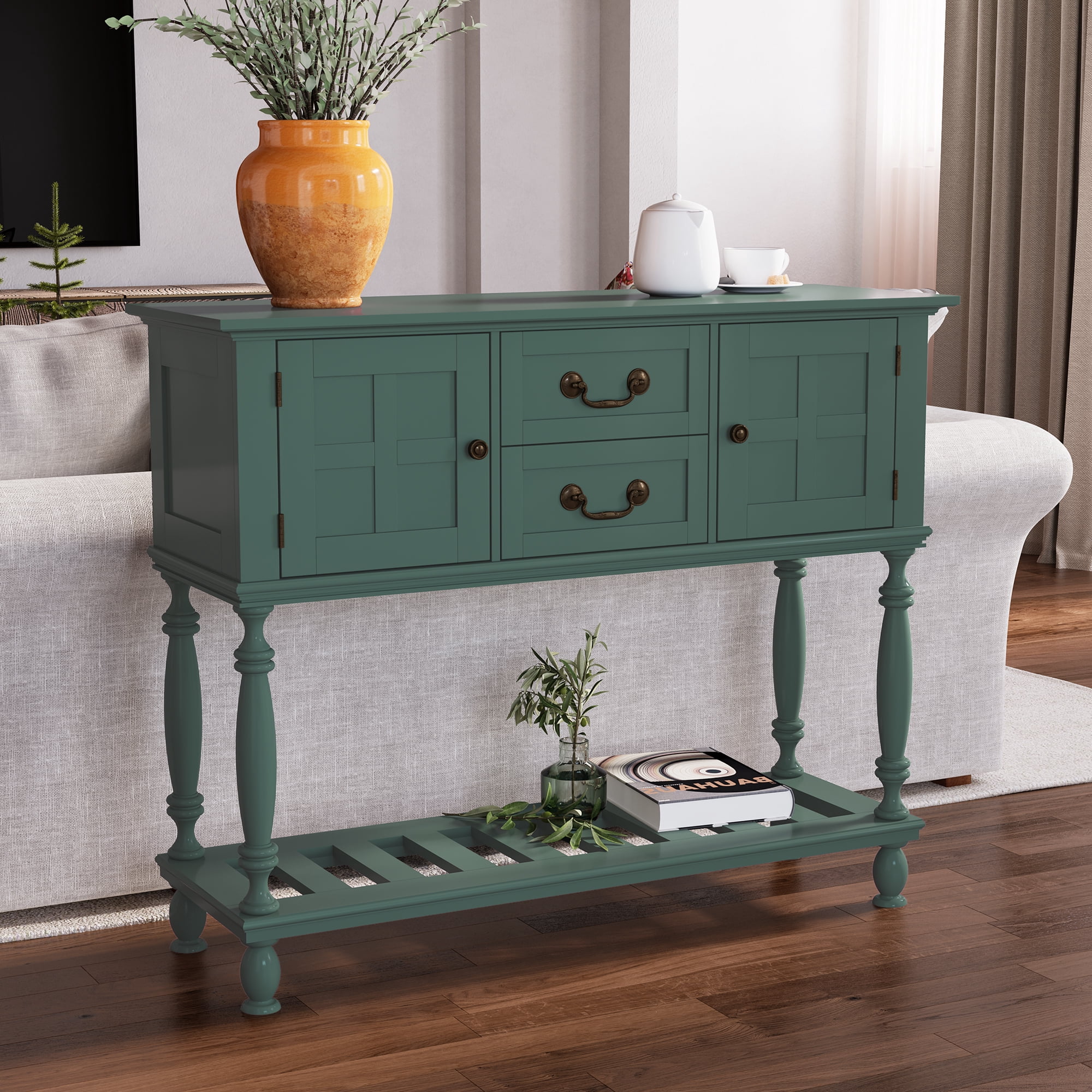 ZOSQUARE 42" Green Console Table with Storage Cabinet, Entryway Table with Turned Legs and Bottom Shelf, Vintage Sofa Table Behind Couch for Living Room