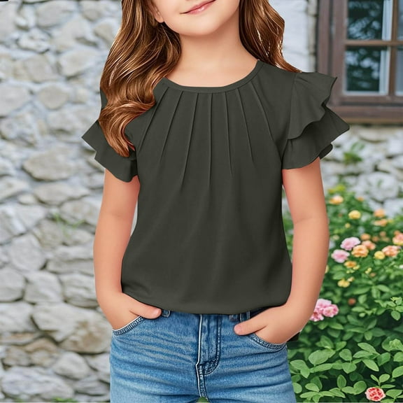 Luxalzxs Girls Summer T Shirts Casual Loose Crewneck Pleated Double Layer Ruffle Short Sleeve Blouse Cute Fashion Tees Size 5-13 Years