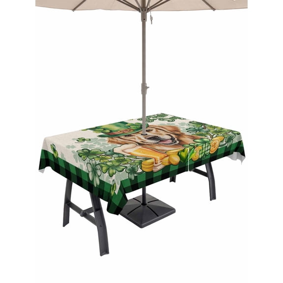 Outdoor Tablecloth with Umbrella Hole and Zipper, St Patricks Day Rectangle Table Cloth 60x84 Inch Waterproof Tablecloth, Farmhouse Watercolor Dogs Green Shamrock Picnic Table Cover for Patio Camping