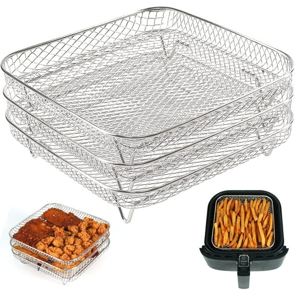 3Pcs 8 inch Square Air Fryer Basket, Stackable Multi-Layer Stainless Steel Dehydrator Rack, Square Air Fryer Accessories for 7.5L-8L Square Air Fryer and Instant Vortex Fryer