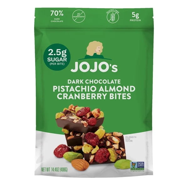 Jojo's Dark Chocolate Pistachio Almond Cranberry Bites, 14.4 Ounce