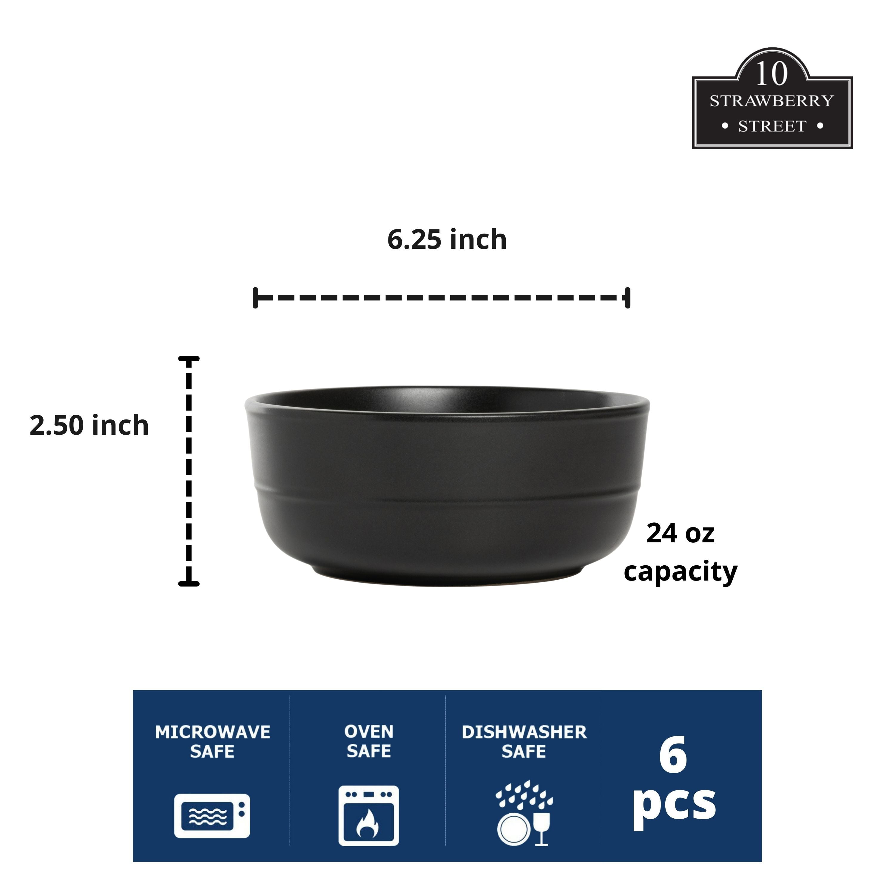 10 Strawberry Street Double Line 6.25"/24 oz Round Cereal Bowl, Set of 6, Matte Black