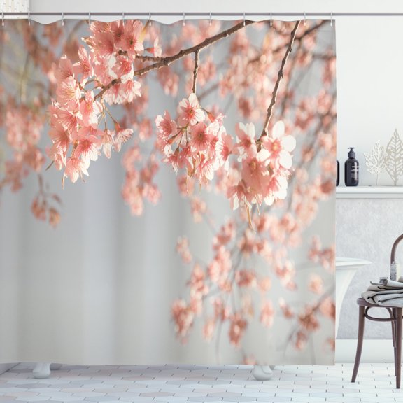 Ambesonne Peach Shower Curtain, Scenery Sakura Trees, 69"Wx84"L, Bluegrey Coral