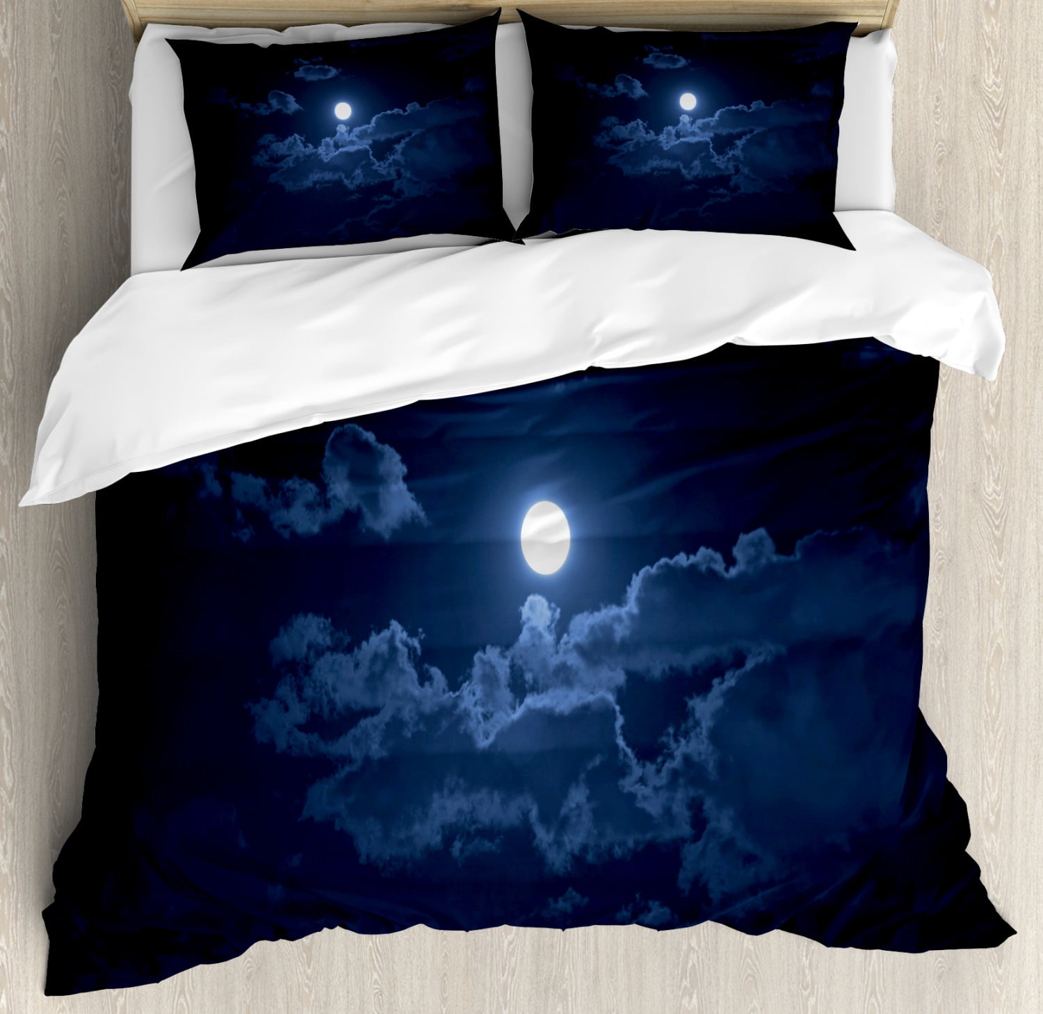 Night Duvet Cover Set Queen Size, Full Moon Appearing Among Dark Clouds