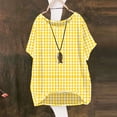 thumbnail image 4 of MORESEC Women Cotton Linen Plus Size Short Sleeve Plaid Tunic Tops Round Neck Casual Loose Tee Shirts Summer Vacation Beach Clothes, Yellow L, 4 of 6