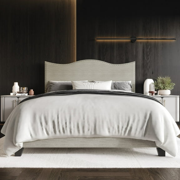 Home Design Anderson Twin Upholstered Panel Bed with Tufted Wingback Headboard and Foam Cushioning, Warm Gray, Easy Assembly