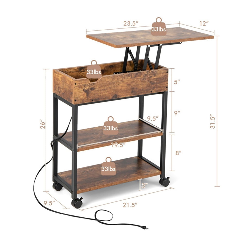 Finihen End Table, Lift Top End Table with Charging Station and Universal Wheels, Sofa Side Table, Bed Side Table, for Living Room, Bedroom, Rustic Brown Finihen End Table, Lift Top End Table with Charging Station and Universal Wheels, Sofa Side Table, Bed Side Table, for Living Room, Bedroom, Rustic Brown