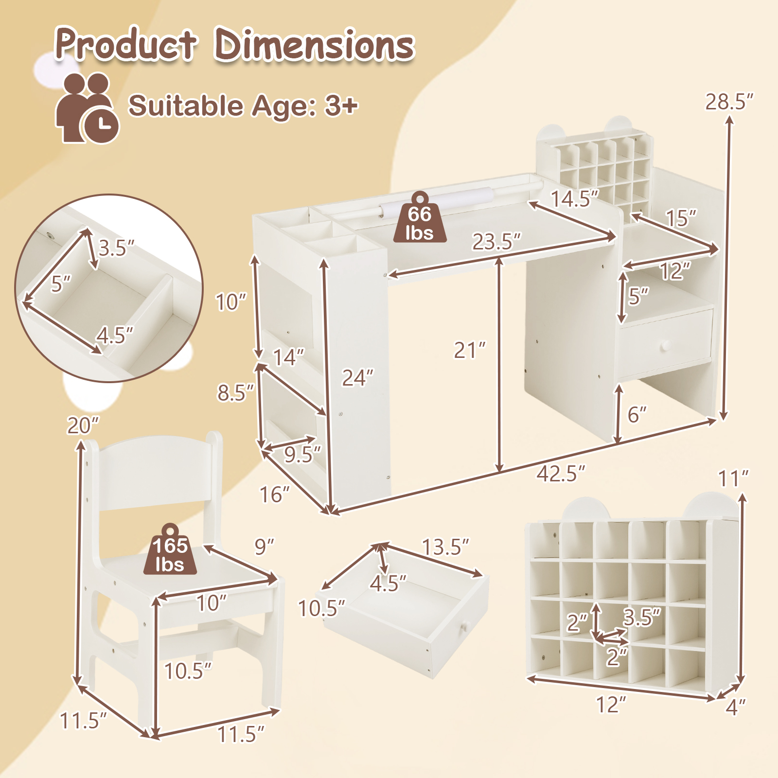 Gymax Kids Art Table & Chair Set w/Detachable Paper Roll Holder & Cubby Cabinet Drawer White