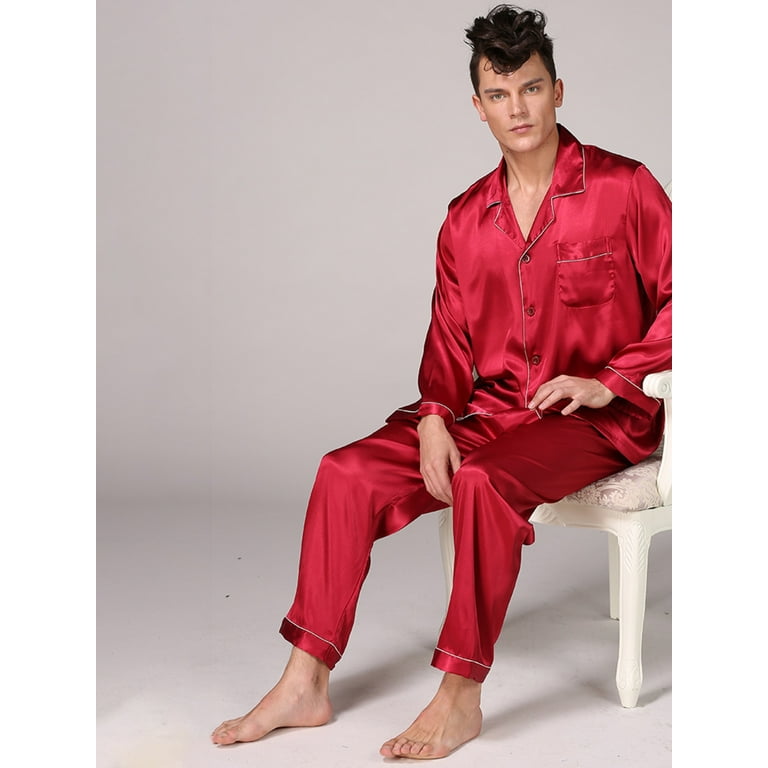 Men s Classic Satin Pajama Set Sleepwear Long Sleeve Two piece Button Down V Neck Sleepshirt with Long Silky Pajamas Pants Elastic Waist
