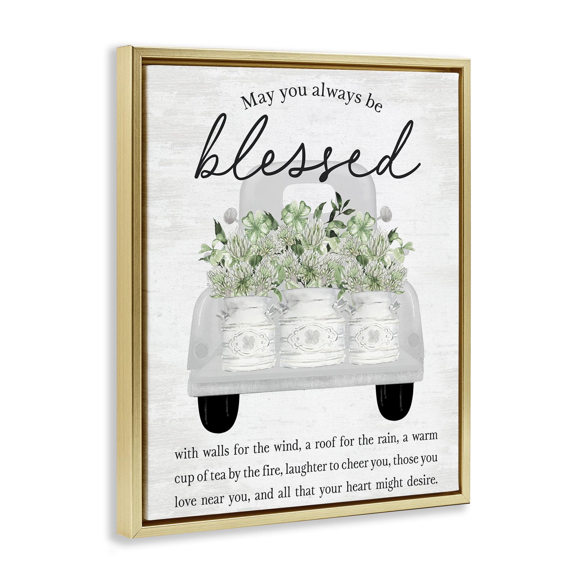 Stupell Industries Inspiring Blessed Phrase Botanical & Floral Painting Gold Floater Framed Canvas Art Print Wall Art, 25 x 31