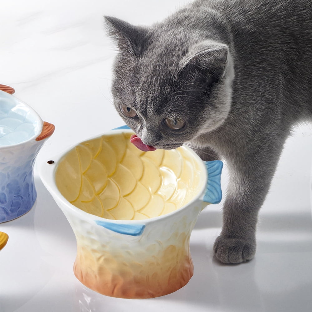 Cat bowl ceramic utensils protect cervical vertebrae eating pot cat food cat bowl colorful fish - ORANGE