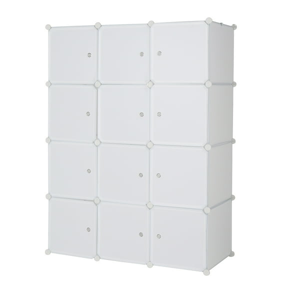 IVV 12 Cube Organizer Stackable Plastic Cube Storage Shelves Design Multifunctional Modular Closet Cabinet With Hanging Rod White