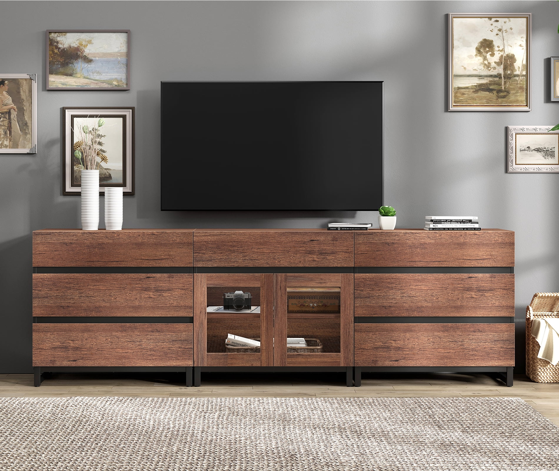 Modern TV Stand For Tvs Up To 100 Inch, 3 In 1 TV Console With Glass Doors And 7 Drawers, Media Console With Adjustable Shelf For Living Room, Bedroom,Brown