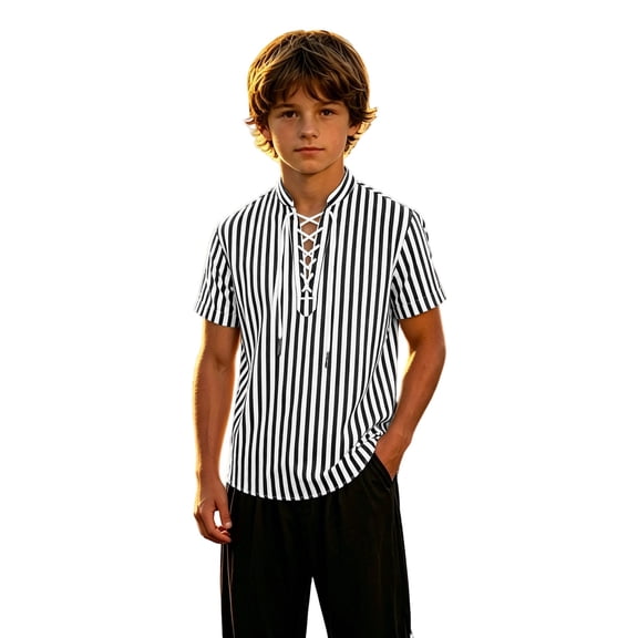 FYDUU Boys Pirate Shirt Kids Lace Up Halloween Holiday Party Tops, Striped Classic Casual Short Sleeve Shirts Lightweight Blouse Top 3-4 Years