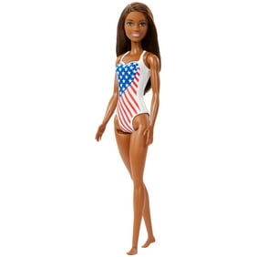 Barbie Flag Beach Barbie Brunette Doll (12 Inches) with Molded Stars & Stripes Swimsuit, 3 & Up (Walmart Exclusive)